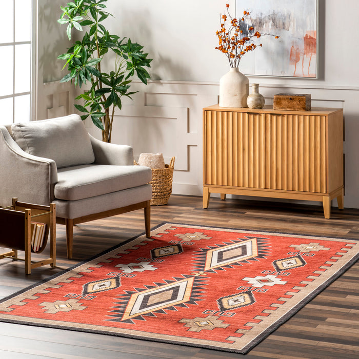 Machine Washable Bohemian Area Rug in Red