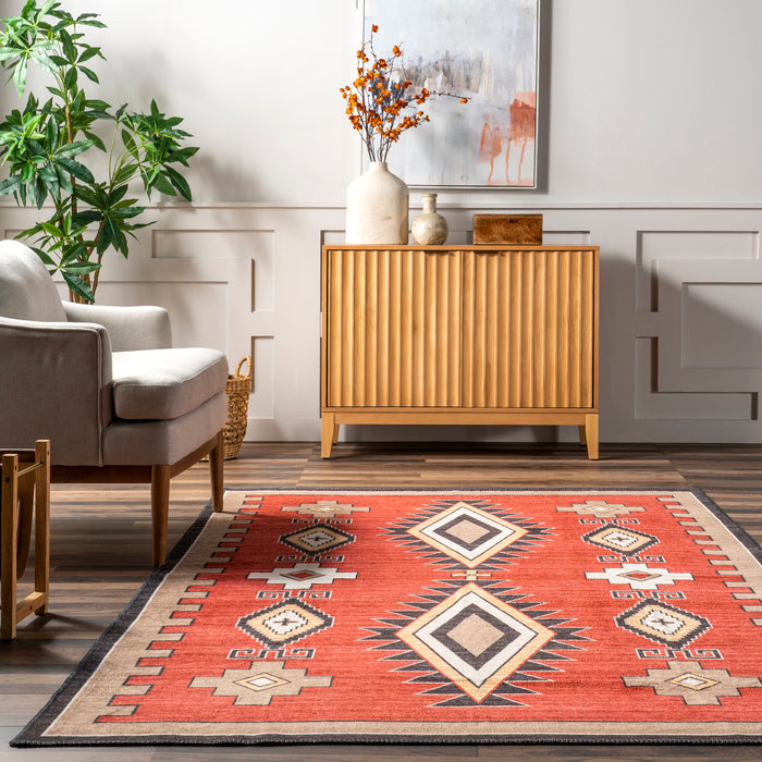 Machine Washable Bohemian Area Rug in Red