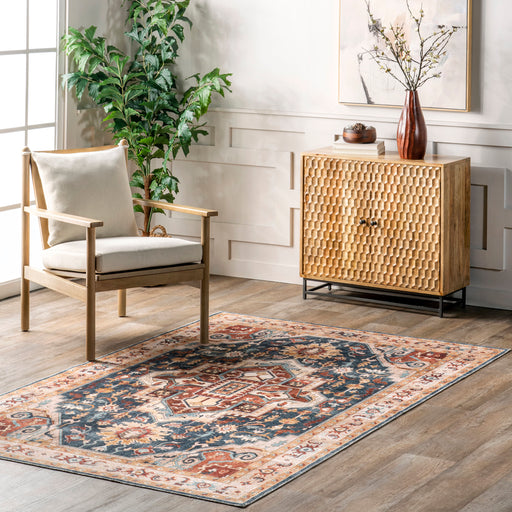 Machine Washable Dark Blue Jewel Medallion Area Rug