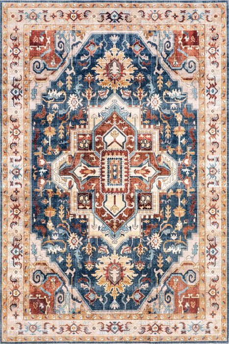 Machine Washable Dark Blue Jewel Medallion Area Rug