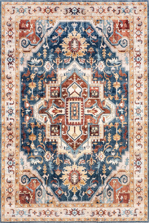 Machine Washable Dark Blue Jewel Medallion Area Rug