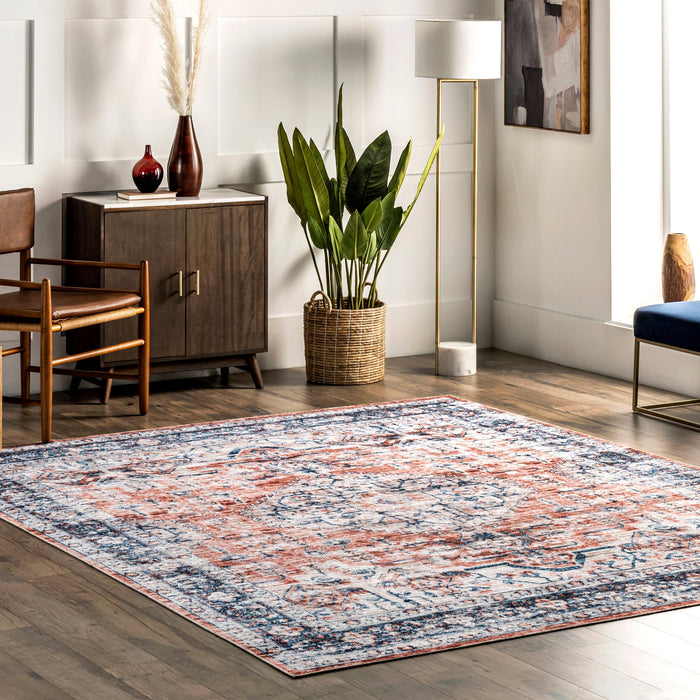 Machine Washable Faded Area Rug in Brick Color