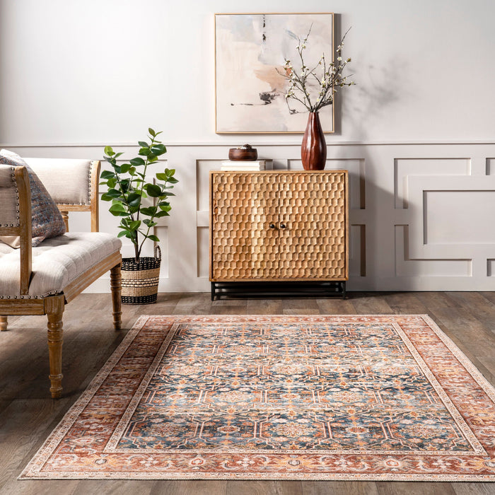 Machine Washable Floral Area Rug in Rust Color