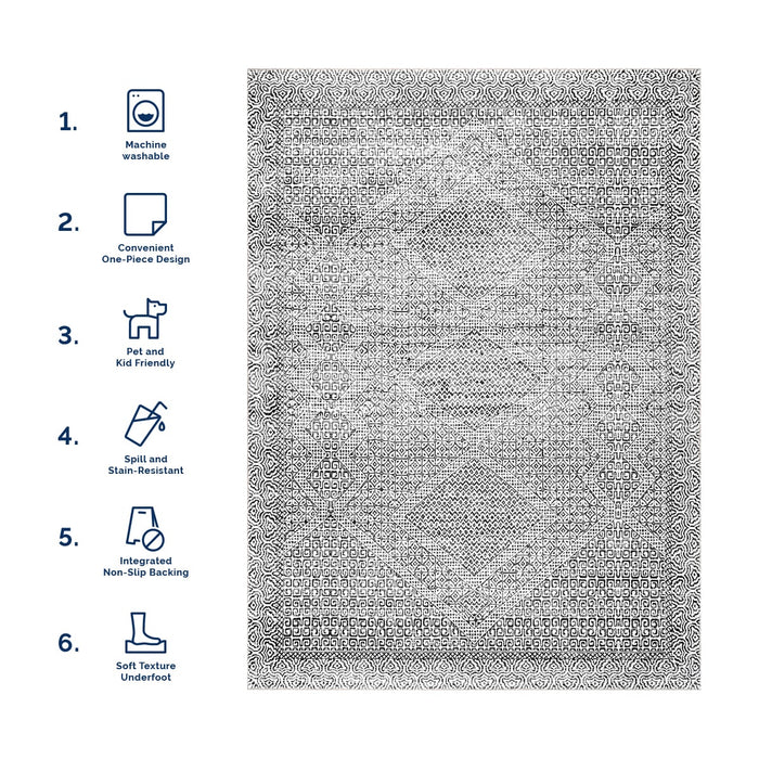 Machine Washable Grey Diamond Mosaic Area Rug