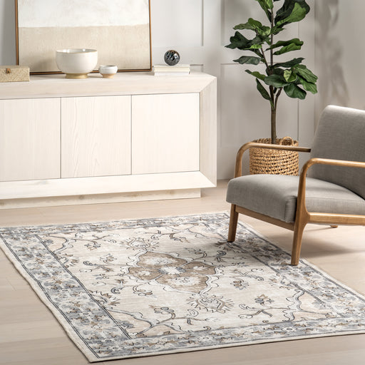 Machine Washable Grey Floral Area Rug for Home Décor