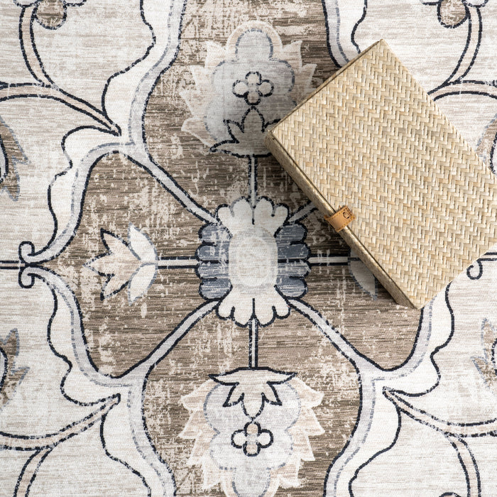 Machine Washable Grey Floral Area Rug for Home Décor