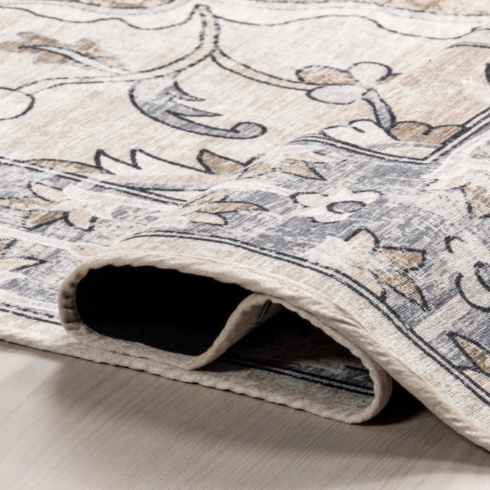 Machine Washable Grey Floral Area Rug for Home Décor