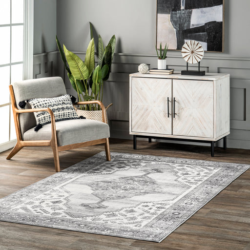 Machine Washable Grey Medallion Area Rug 140x200 cm