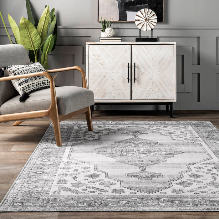 Machine Washable Grey Medallion Area Rug 140x200 cm