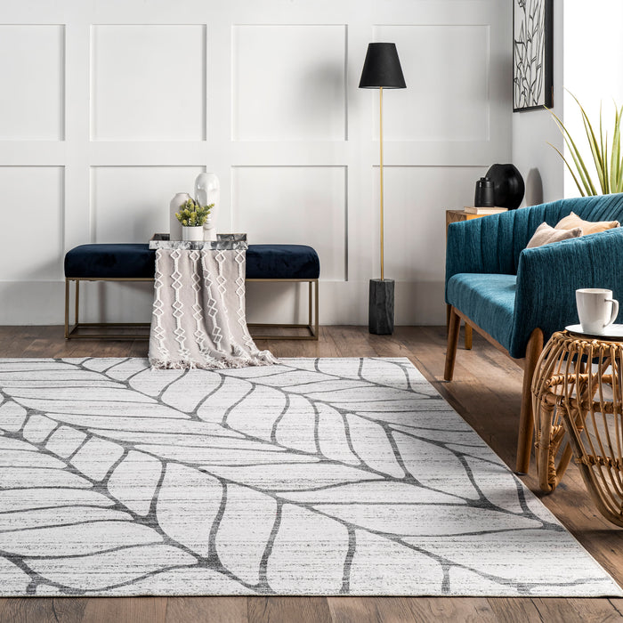 Machine Washable Leaves Area Rug Light Grey 140x200 cm