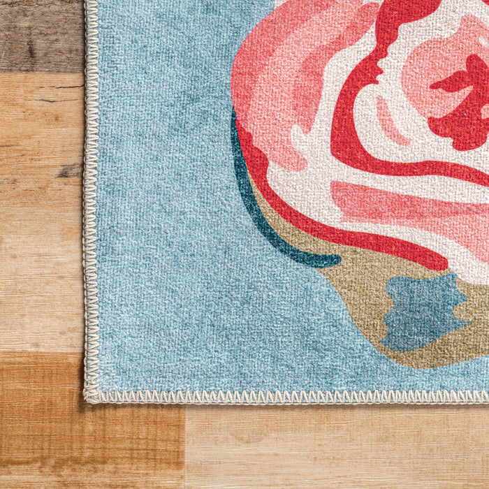 Machine Washable Light Blue Rose Bouquet Rug 170x240 cm