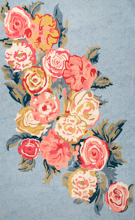 Machine Washable Light Blue Rose Bouquet Rug 170x240 cm