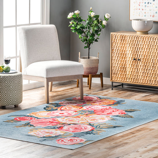 Machine Washable Light Blue Rose Bouquet Rug 170x240 cm