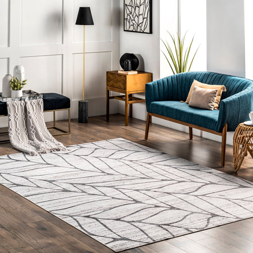 Machine Washable Light Grey Leaves Area Rug 140x200 cm