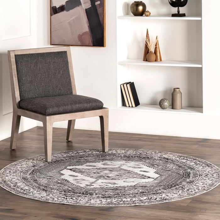 Machine Washable Light Grey Medallion Area Rug 120x180 cm