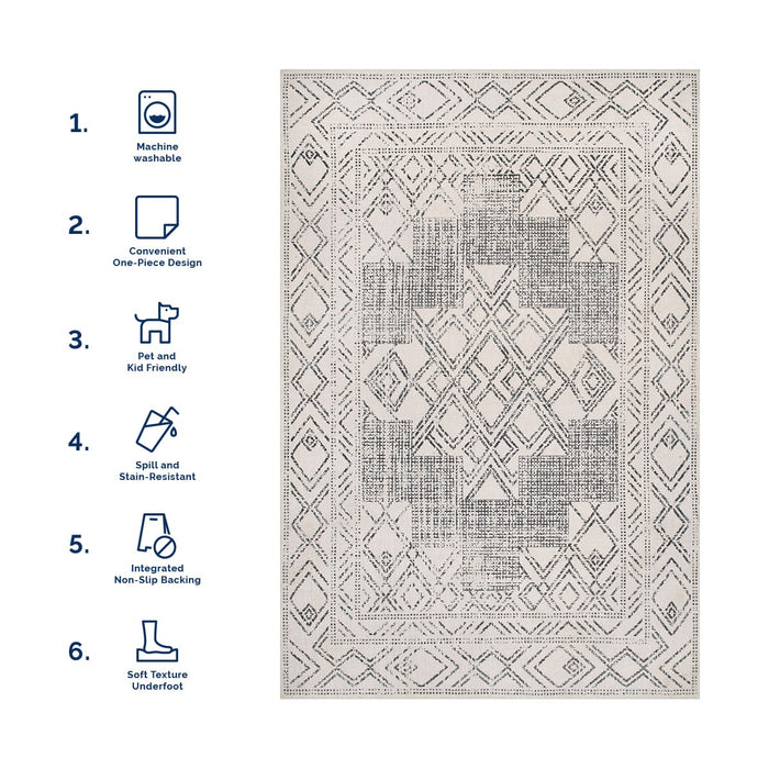 Machine Washable Light Grey Medallion Area Rug 120x180 cm