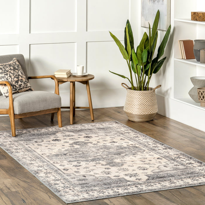 Machine Washable Light Grey Medallion Area Rug 140x200 cm