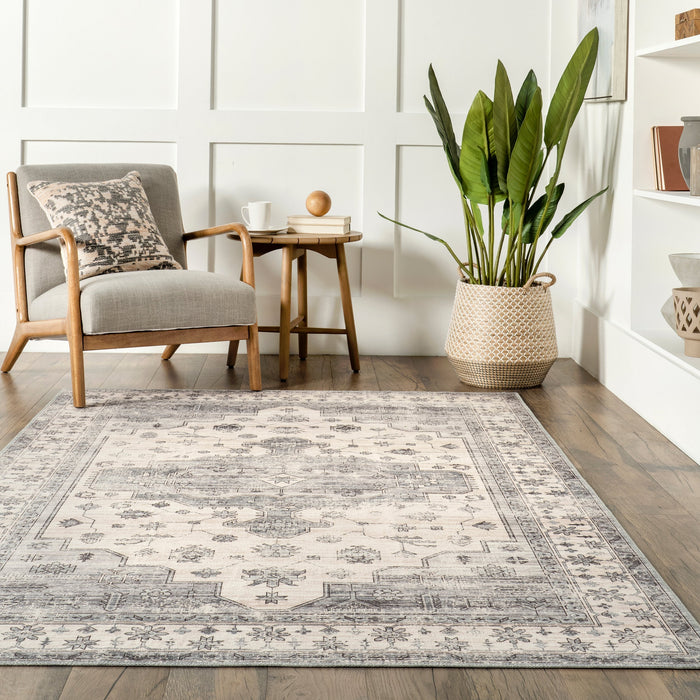 Machine Washable Light Grey Medallion Area Rug 140x200 cm