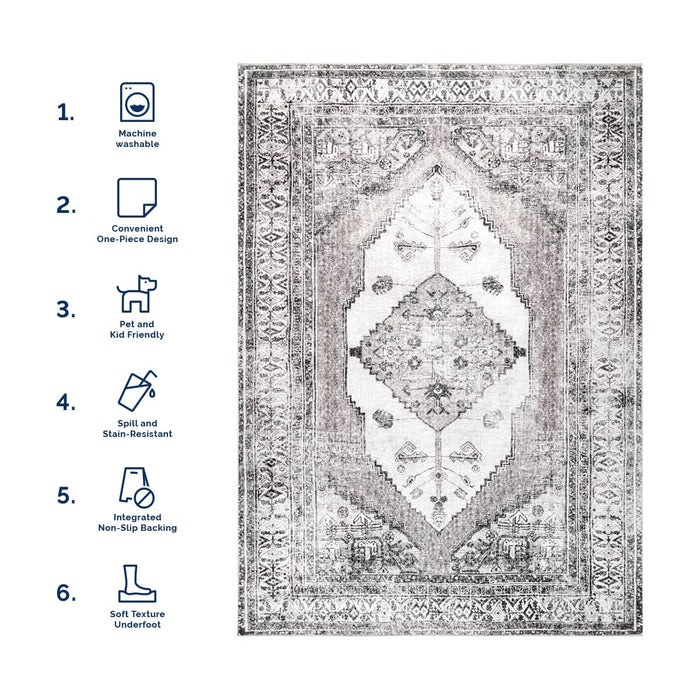 Machine Washable Light Grey Medallion Area Rug 60x90 cm