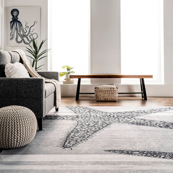 Machine Washable Light Grey Starfish Area Rug