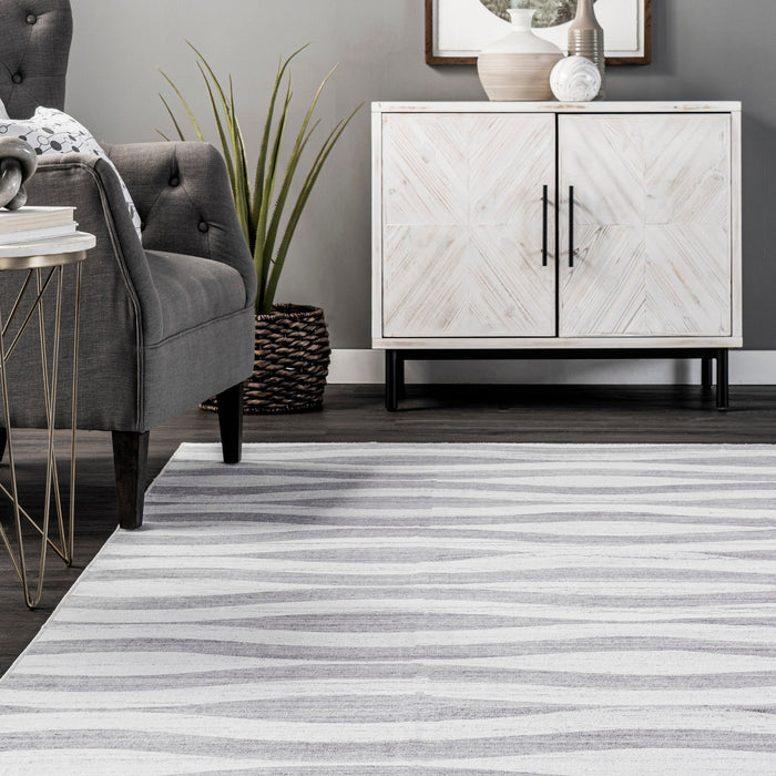 Machine Washable Light Grey Waves Area Rug 130x180 cm
