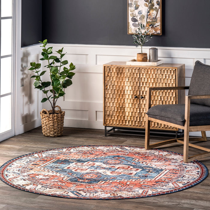 Machine Washable Oriental Medallion Rug in Rust Color