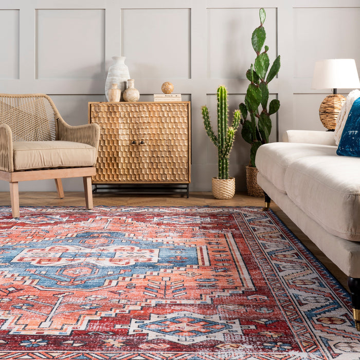 Machine Washable Oriental Medallion Rug in Rust Color