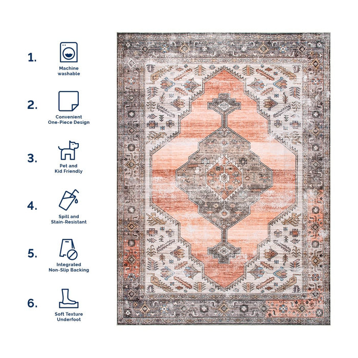 Machine Washable Peach Medallion Area Rug 140x200 cm