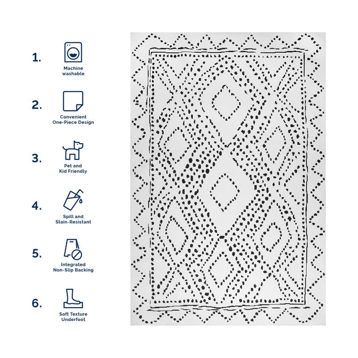 Machine Washable White Dotted Diamond Trellis Area Rug