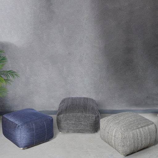 Malar Pouf In Blue Charcoal And Grey Jacquard Weave