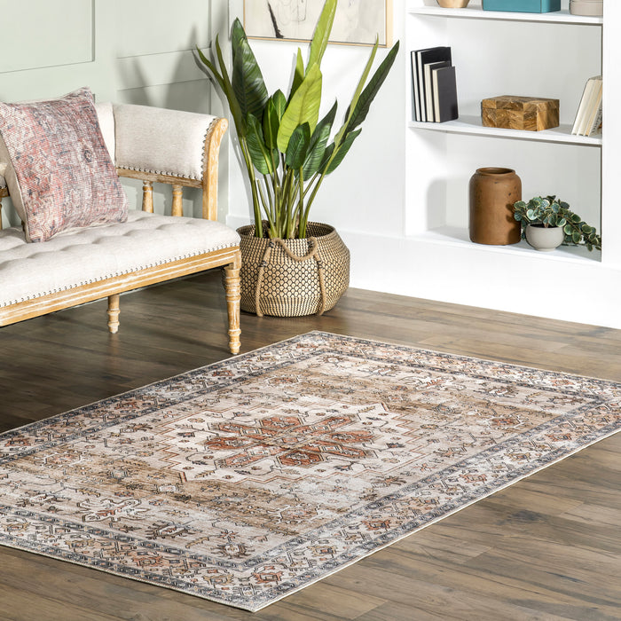 Mara Medallion Machine Washable Area Rug 140x200 cm Beige