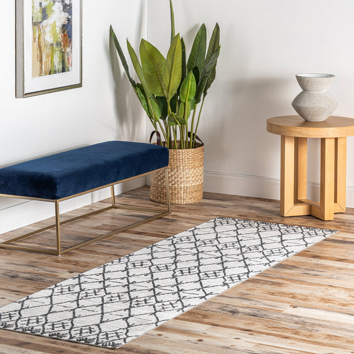 Marlene Grey Crosshatch Trellis Machine Washable Rug 150x80 cm