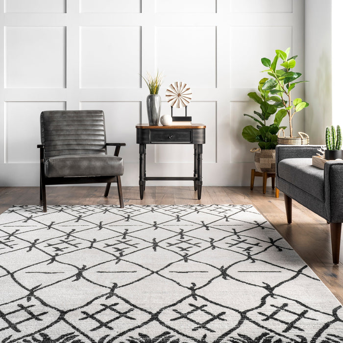 Marlene Grey Crosshatch Trellis Machine Washable Rug 150x80 cm