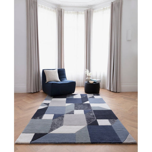 Matrix MAX101 Memphis modern geometrisch handgeweven zacht getextureerd wol- en viscosemixblauw vloerkleed met hoge dichtheid