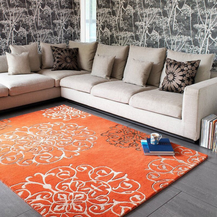 Matrix MAX43 Tanger Modern Geometrisch Handgeweven Hoge Dichtheid Zacht Getextureerde Wol &amp; Viscose Mix Terracotta Oranje/Multi Vloerkleed