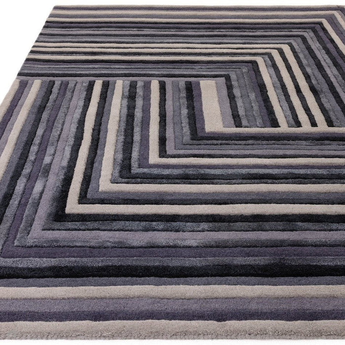 Matrix MAX81 Netwerk Modern geometrisch handgeweven zacht getextureerd wol- en viscosemix-indigo vloerkleed met hoge dichtheid