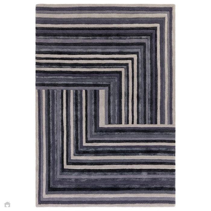 Matrix MAX81 Netwerk Modern geometrisch handgeweven zacht getextureerd wol- en viscosemix-indigo vloerkleed met hoge dichtheid