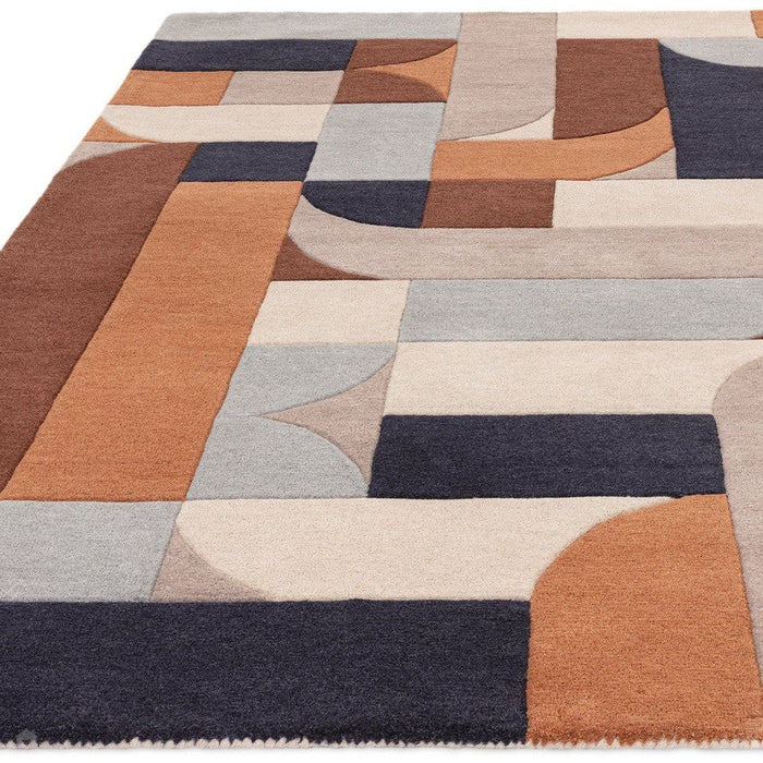 Matrix MAX88 Klotski Modern geometrisch handgeweven terracotta vloerkleed met hoge dichtheid en zachte textuur van een mix van wol en viscose