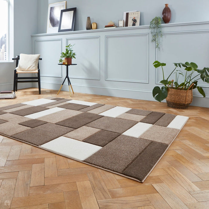 Matrix MT61 Modern Geometric Blocks Soft Hand-Carved Beige/Brown/Cream Rug