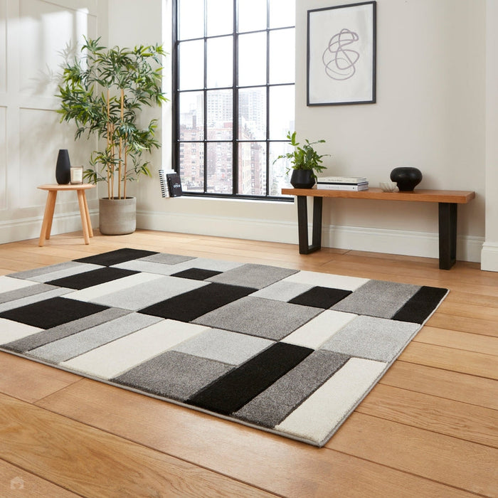 Matrix MT61 Modern Geometric Blocks Soft Hand-Carved Grey/Black/Cream Rug