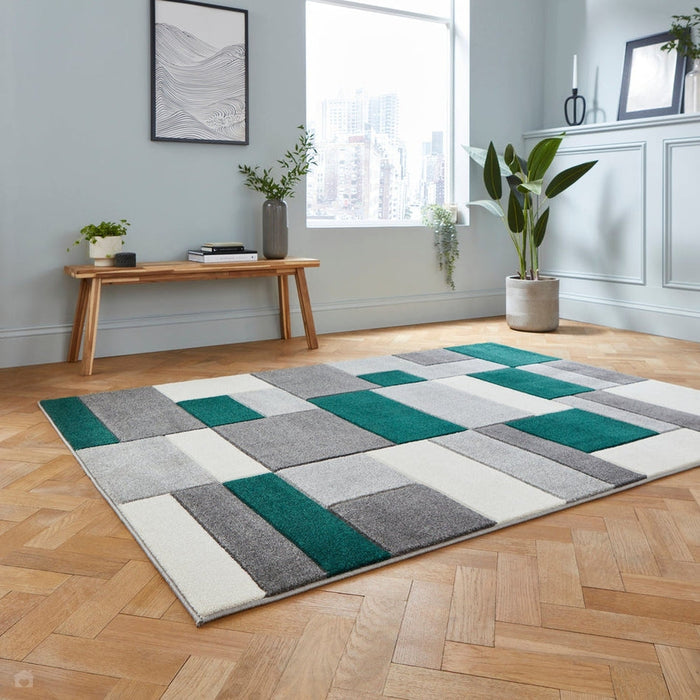 Matrix MT61 Modern Geometric Blocks Soft Hand-Carved Grey/Green/Cream Rug