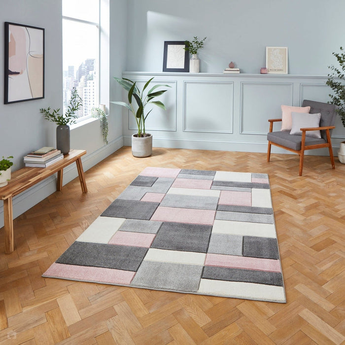 Matrix MT61 Modern Geometric Blocks Soft Hand-Carved Grey/Rose/Cream Rug