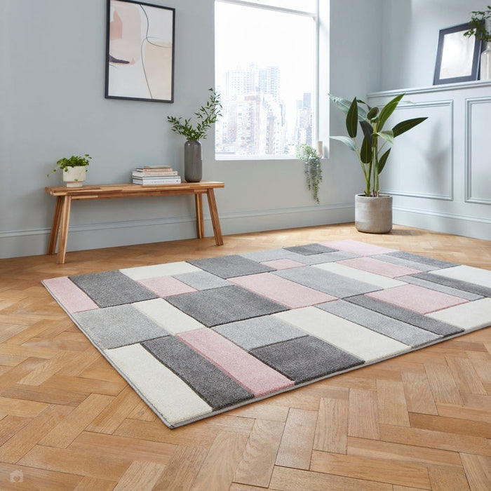 Matrix MT61 Modern Geometric Blocks Soft Hand-Carved Grey/Rose/Cream Rug