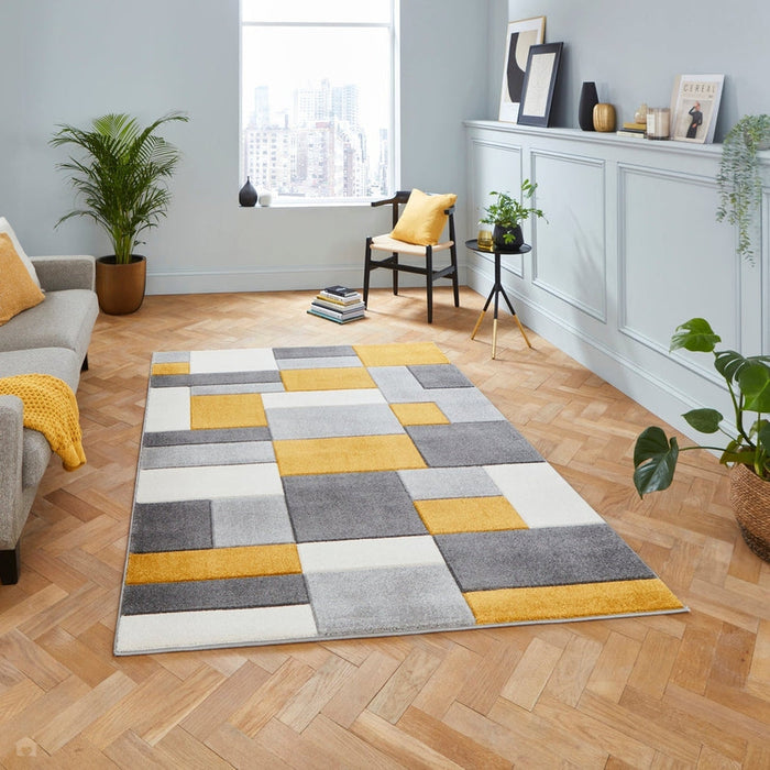 Matrix MT61 Modern Geometric Blocks Soft Hand-Carved Grey/Yellow/Cream Rug