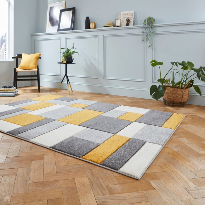 Matrix MT61 Modern Geometric Blocks Soft Hand-Carved Grey/Yellow/Cream Rug