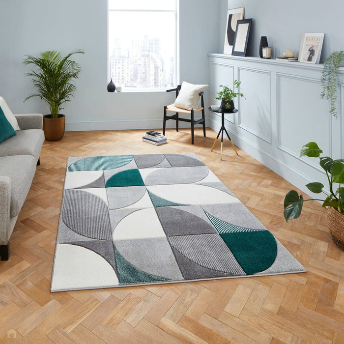 Matrix MT63 Modern Geometric Soft Hand-Carved Grey/Green/Cream Rug