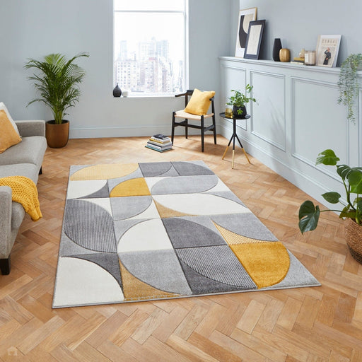 Matrix MT63 Modern Geometric Soft Hand-Carved Grey/Yellow/Cream Rug