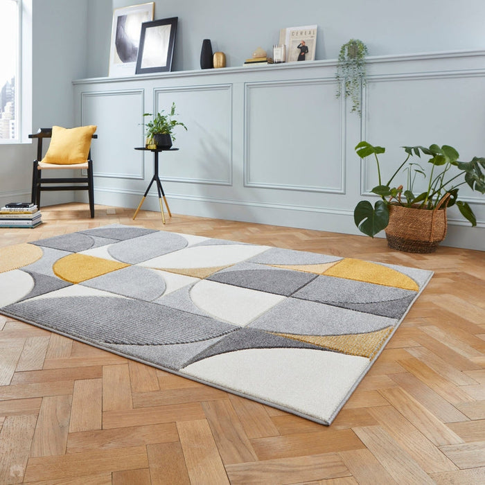 Matrix MT63 Modern Geometric Soft Hand-Carved Grey/Yellow/Cream Rug