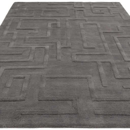 Maze Modern Geometric Hand-Carved Hi-Low Textured Wool Charcoal Grey Rug