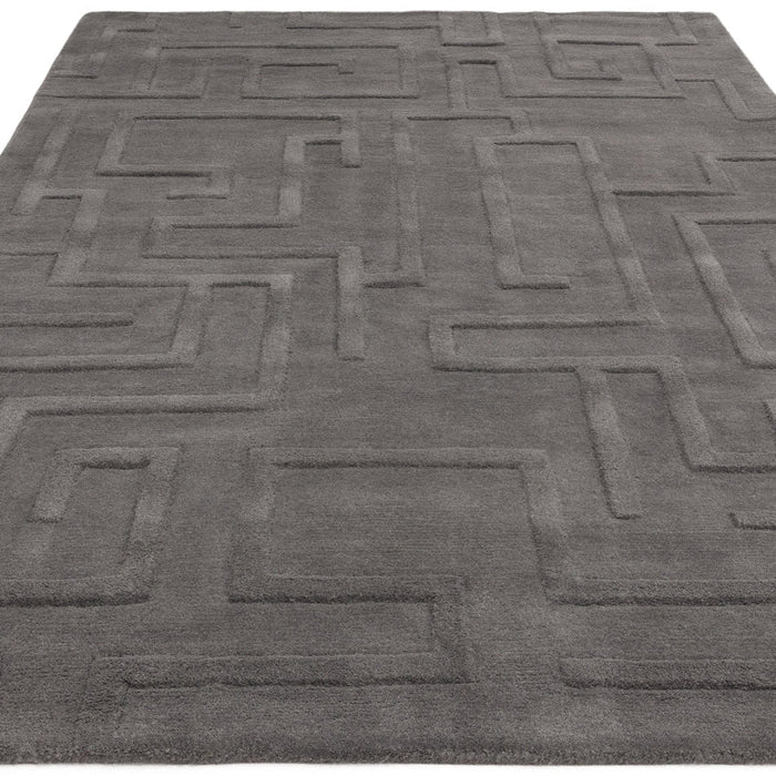 Maze Modern Geometric Hand-Carved Hi-Low Textured Wool Charcoal Grey Rug